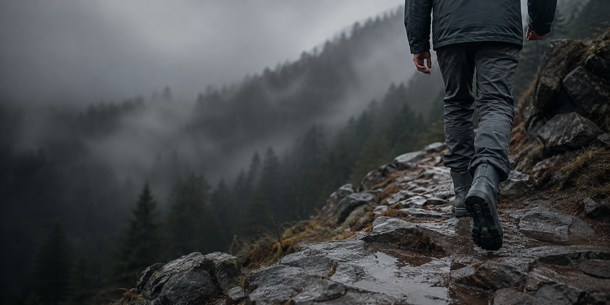 Hiker in waterproof boots on a wet mountain trail in the mist