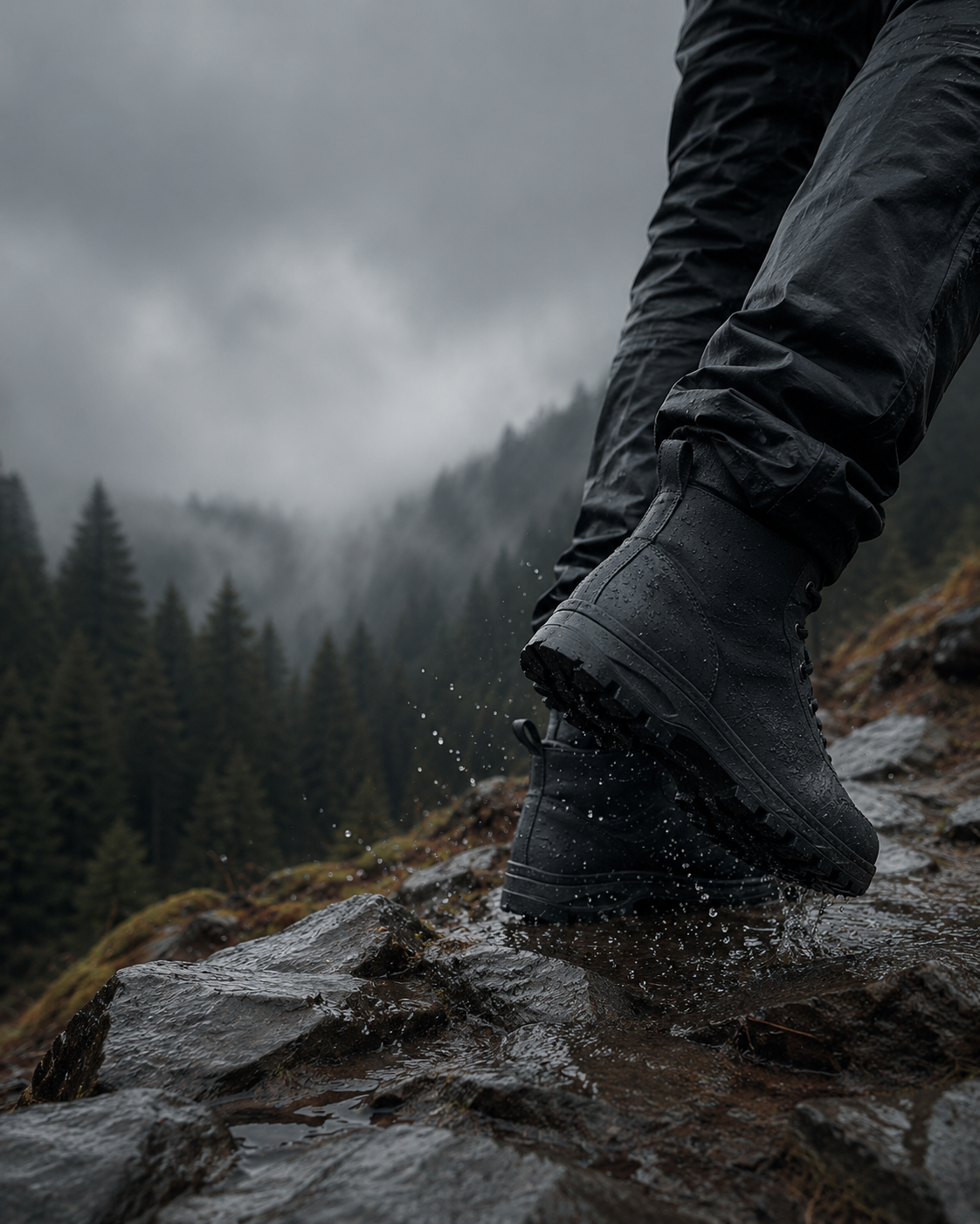 Waterproof boot stepping across wet rocks on a rainy trail