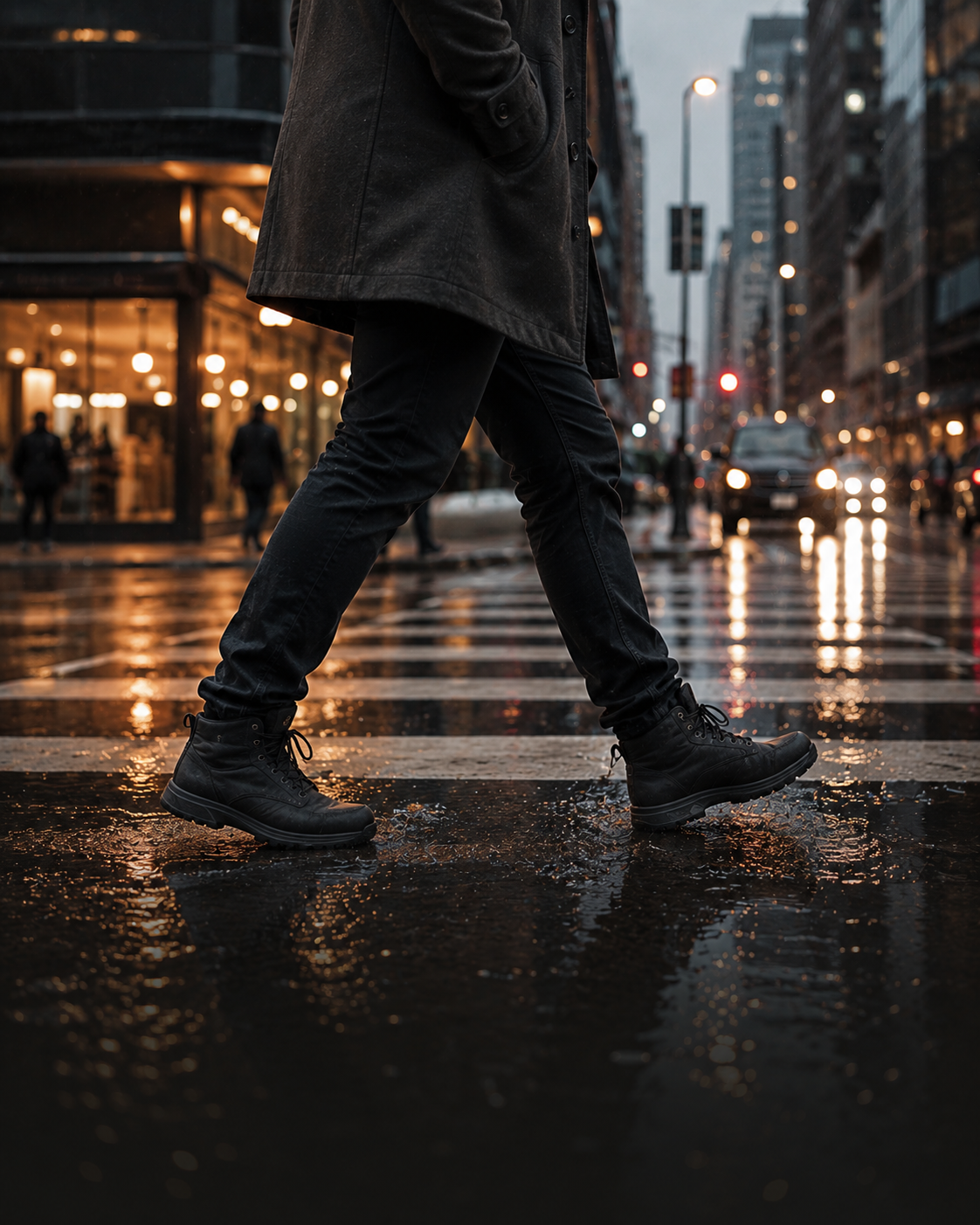 Walking across a rainy city crosswalk in waterproof boots