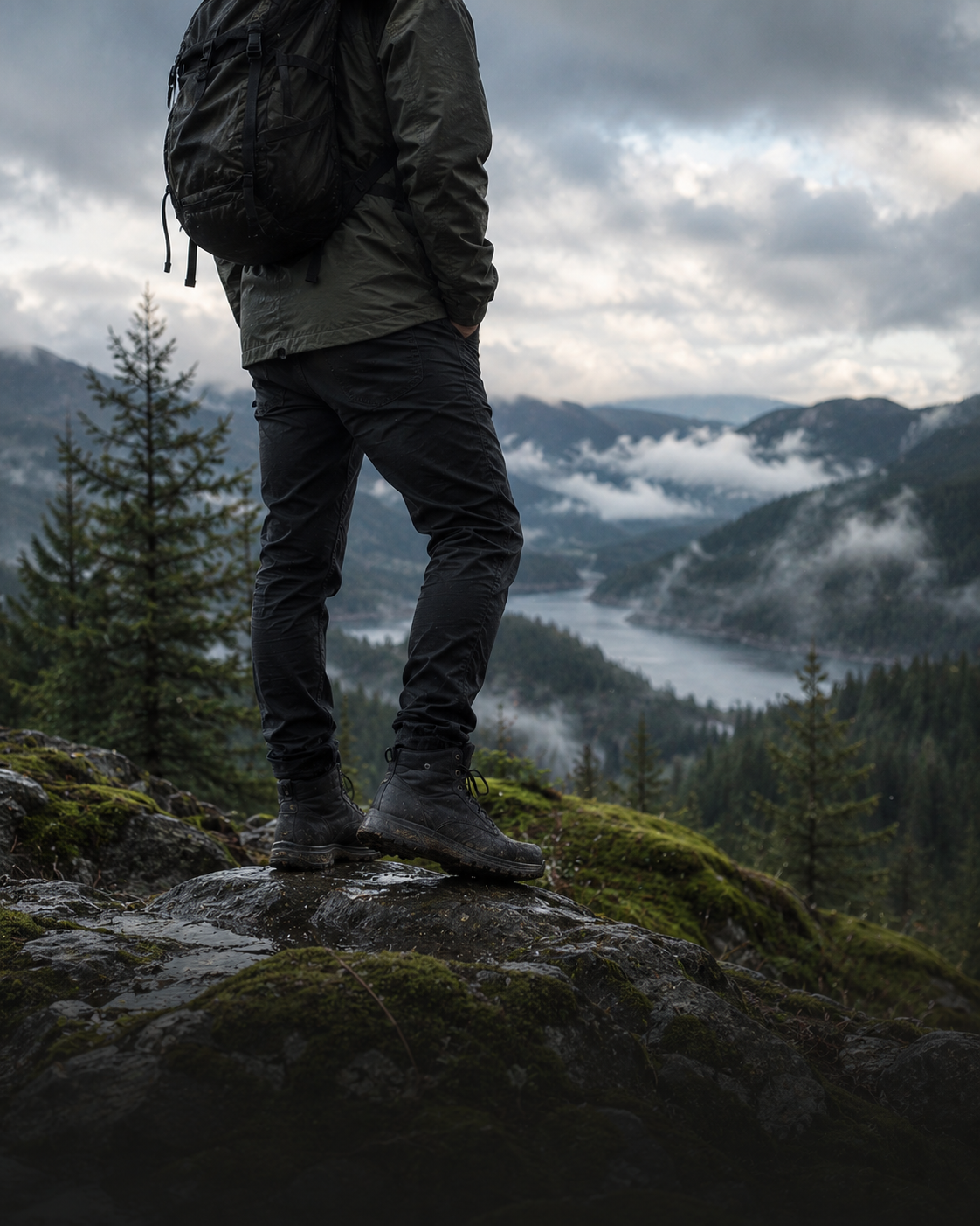 Hiker standing on a mossy ridge above a misty valley