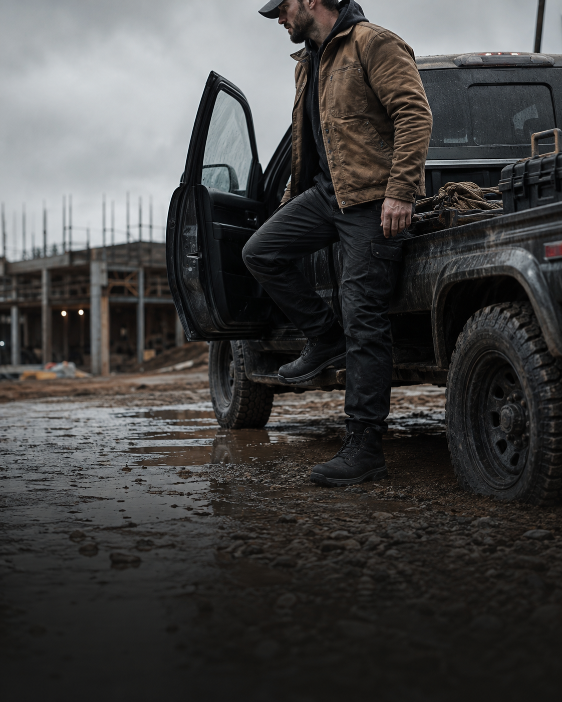 Worker in waterproof boots stepping out of a pickup at a rainy job site