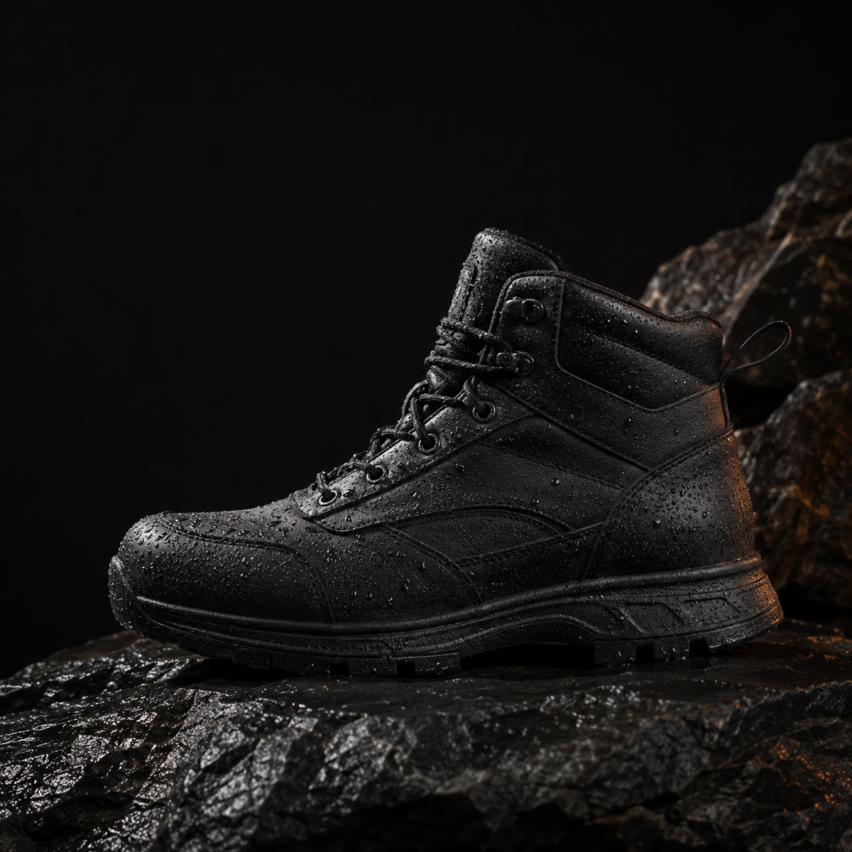 Waterproof mid boot with water droplets on wet slate