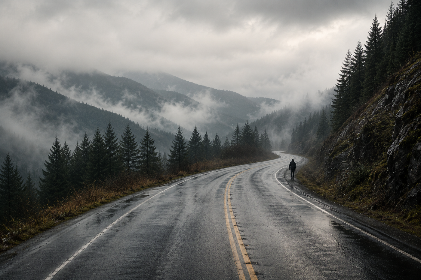 Wet mountain road curving through pine forest after rain